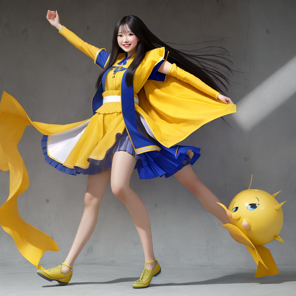  A plump woman, long straight hair, yellow skin, long legs, front photo, full body photo, smile, HD, detail, soft light, short skirt, arms raised flat, feet apart