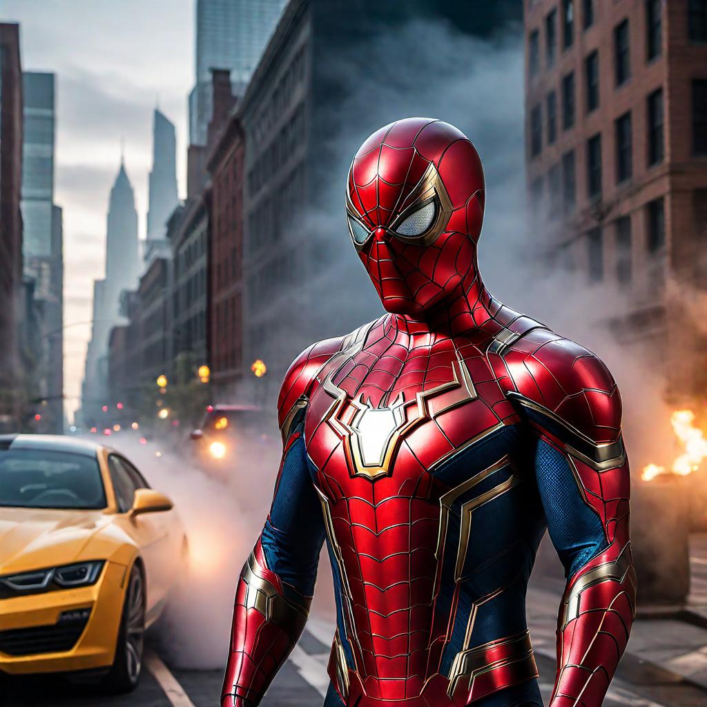  A fusion of Spiderman and Iron Man, combining their iconic elements such as Spiderman's mask and webbing with Iron Man's suit and repulsor beams, set in an action-packed urban scene with a dynamic pose. hyperrealistic, full body, detailed clothing, highly detailed, cinematic lighting, stunningly beautiful, intricate, sharp focus, f/1. 8, 85mm, (centered image composition), (professionally color graded), ((bright soft diffused light)), volumetric fog, trending on instagram, trending on tumblr, HDR 4K, 8K