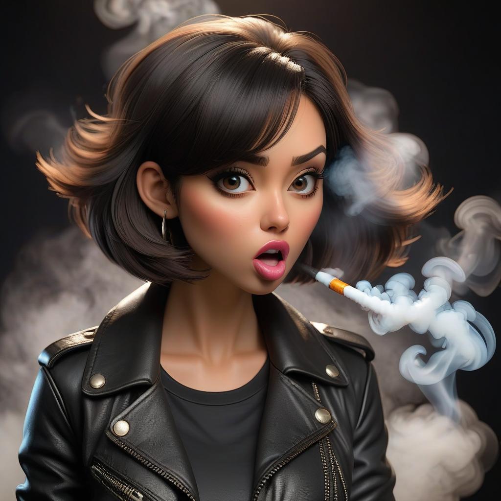  A girl with dark hair, a bob cut, wearing a black top, jeans shorts, and a black leather jacket, blows smoke out of her mouth while facing forward, with fluorescent lighting. hyperrealistic, full body, detailed clothing, highly detailed, cinematic lighting, stunningly beautiful, intricate, sharp focus, f/1. 8, 85mm, (centered image composition), (professionally color graded), ((bright soft diffused light)), volumetric fog, trending on instagram, trending on tumblr, HDR 4K, 8K