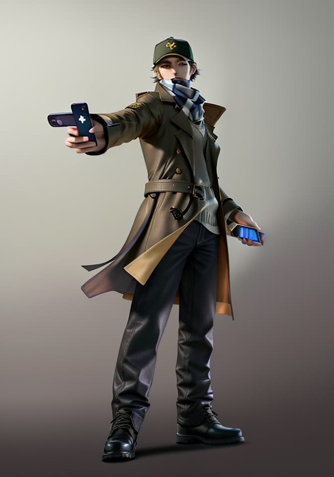  masterpiece, best quality, Best quality, female, genderswap, trench coat, scarf, baseball cap, night, Adrien Pearce, Watch Dogs, holding smartphone, dynamic pose.