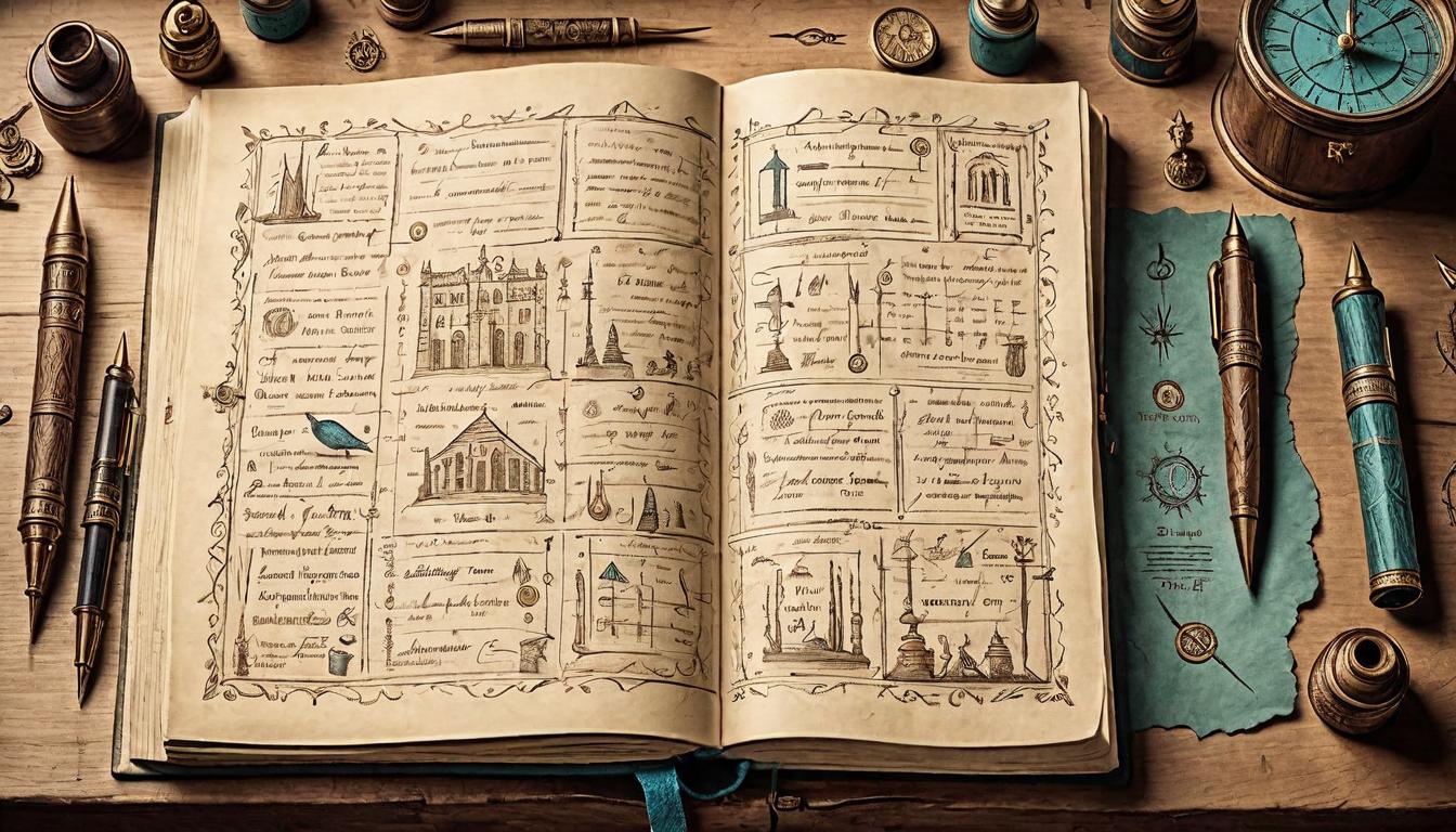  on parchment, surrealism+++, Detailed daily planner book open on a wooden desk, various colored inks and quills beside it, backdrop of an orderly room with faint mystical glyphs etched on the walls, mood of organization, deliberate planning(mysterious, provocative, symbolic,muted color)+++