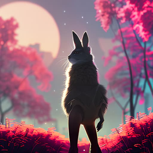 nvinkpunk create in 3d Disney like anime form Depict a wise, venerable rabbit with soft fur as bright as moonbeams, standing amidst a lush patch of juicy clover in a sunlit clearing. The background should include a variety of plants and trees, with soft shadows and a peaceful atmosphere." hyperrealistic, full body, detailed clothing, highly detailed, cinematic lighting, stunningly beautiful, intricate, sharp focus, f/1. 8, 85mm, (centered image composition), (professionally color graded), ((bright soft diffused light)), volumetric fog, trending on instagram, trending on tumblr, HDR 4K, 8K