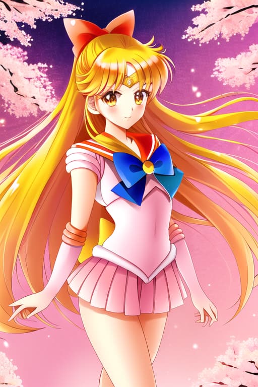  cute fox women with long pink hair pink leather jacket with boots and high waisted shorts in summer with sakura blooms,(sailor venus:1.3), (masterpiece), (highest quality), (intricate), (high detail)