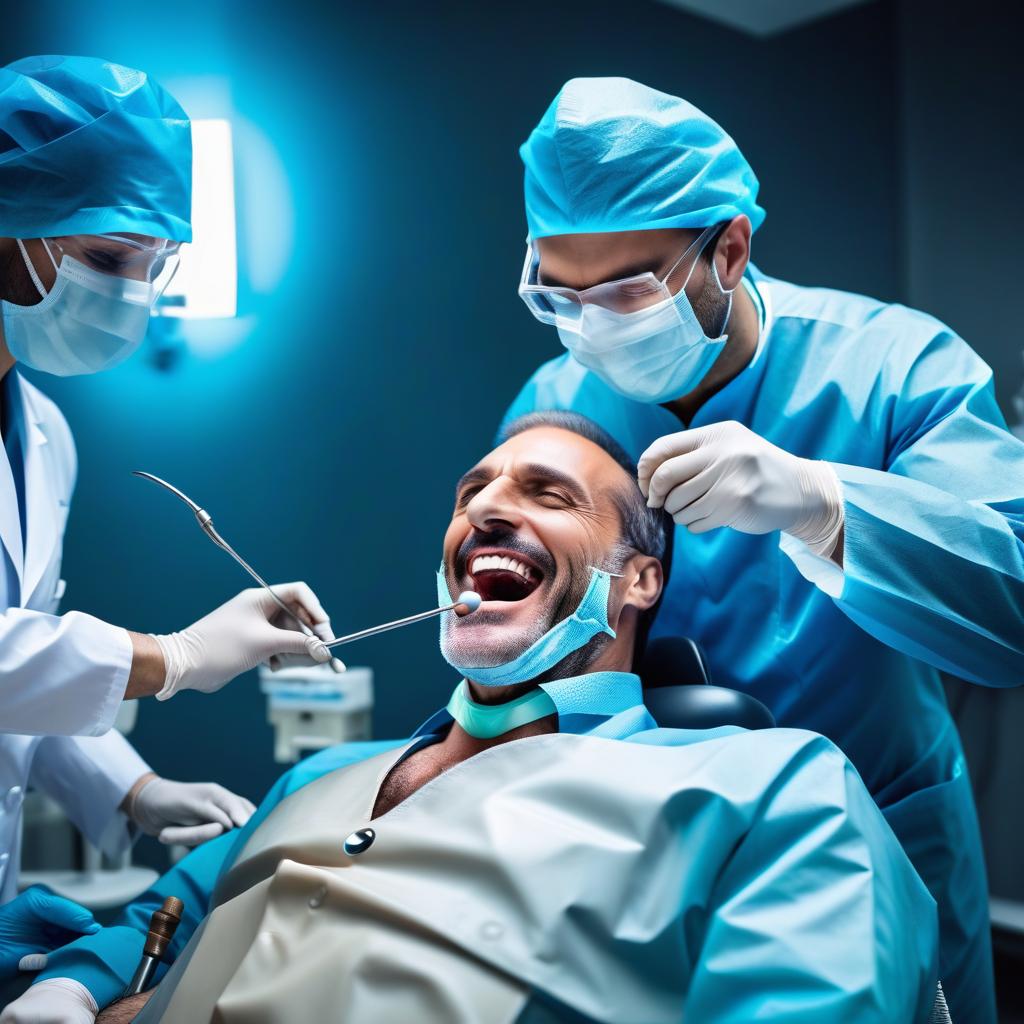  A dentist with a mallet is repairing a tooth. hyperrealistic, full body, detailed clothing, highly detailed, cinematic lighting, stunningly beautiful, intricate, sharp focus, f/1. 8, 85mm, (centered image composition), (professionally color graded), ((bright soft diffused light)), volumetric fog, trending on instagram, trending on tumblr, HDR 4K, 8K