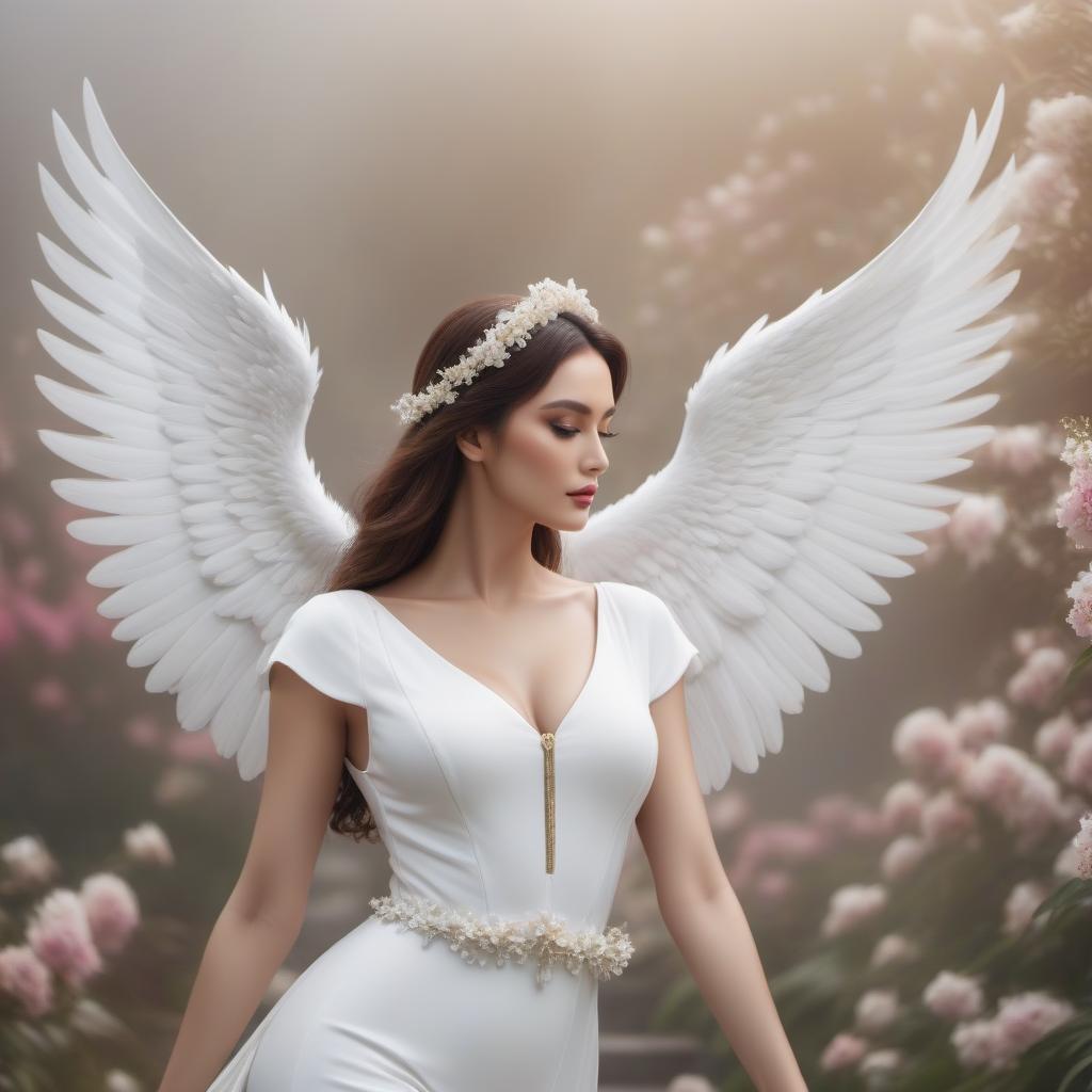  An angel with large beautiful white wings flies in a paradise, among flowers.Style art hyperrealistic, full body, detailed clothing, highly detailed, cinematic lighting, stunningly beautiful, intricate, sharp focus, f/1. 8, 85mm, (centered image composition), (professionally color graded), ((bright soft diffused light)), volumetric fog, trending on instagram, trending on tumblr, HDR 4K, 8K