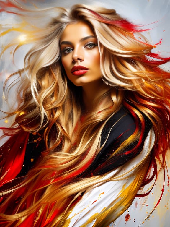  Beautiful blonde woman in red and gold. An artistic image of a woman with loose blonde hair and vibrant streaks of red and gold paint, emanating a dynamic and captivating aura., (rough brush strokes: 1.5), [soft impressionist brush strokes:1.2], blinding light, canvas texture, muted colors, by Brent Heighton, by Richard Schmid hyperrealistic, full body, detailed clothing, highly detailed, cinematic lighting, stunningly beautiful, intricate, sharp focus, f/1. 8, 85mm, (centered image composition), (professionally color graded), ((bright soft diffused light)), volumetric fog, trending on instagram, trending on tumblr, HDR 4K, 8K