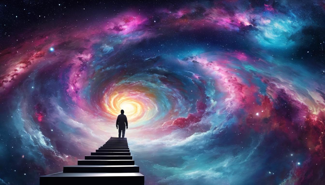  digital illustration cosmic staircase, galaxy swirling around, human figure ascending, ethereal glow, enlightenment, transcendence looking at viewer, dynamic pose, (intricate details, masterpiece, best quality)