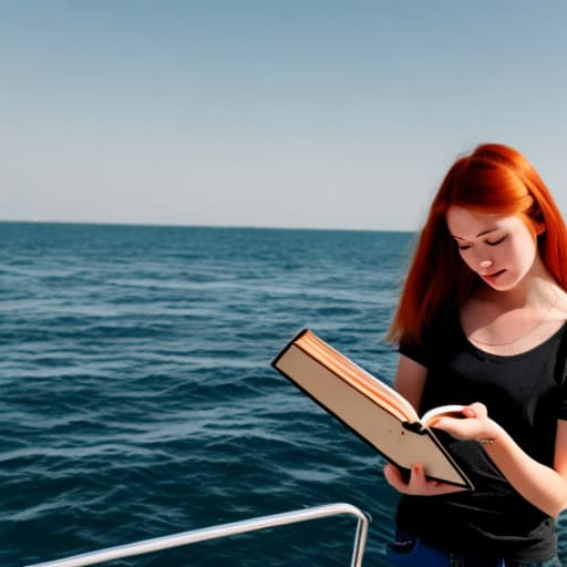  young woman with auburn hair, reading books on a boat on the ocean