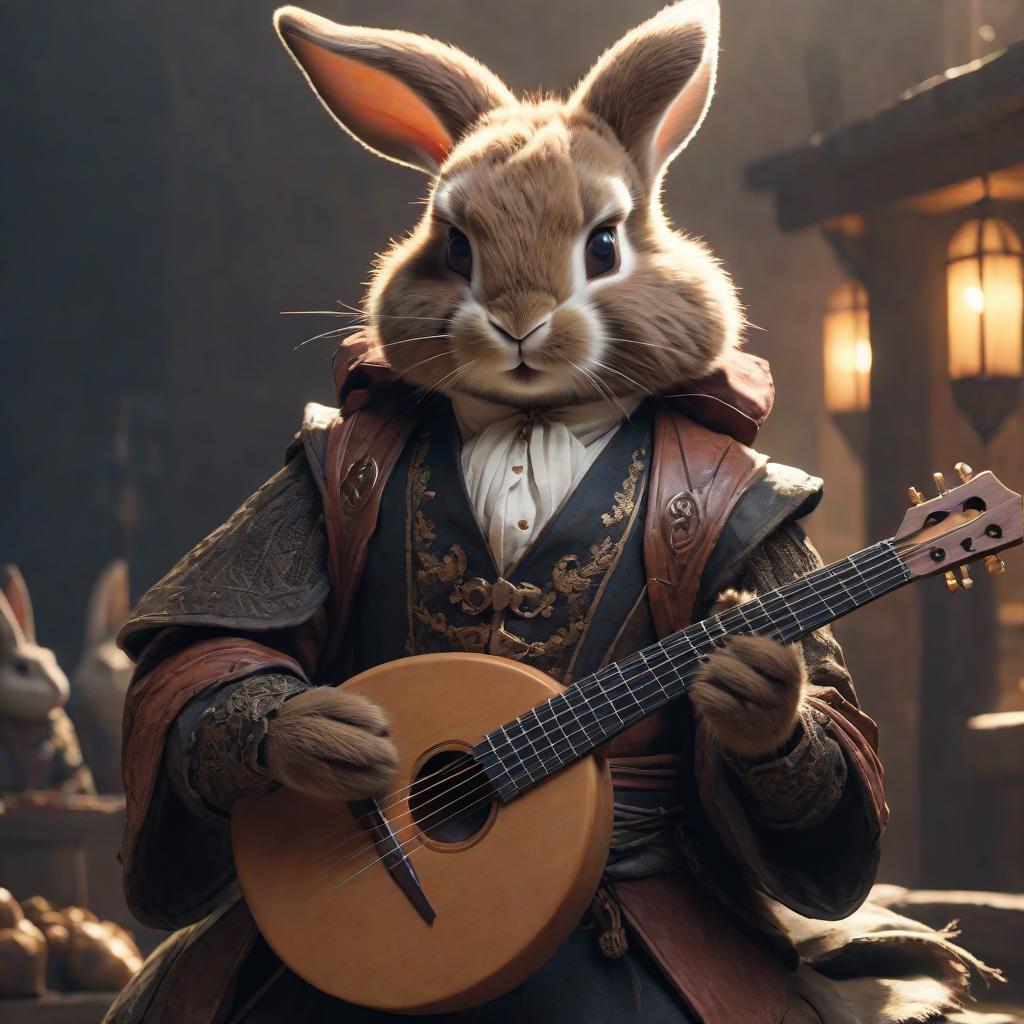  Brown and black humanoid rabbit bard with a lute from fantasy. hyperrealistic, full body, detailed clothing, highly detailed, cinematic lighting, stunningly beautiful, intricate, sharp focus, f/1. 8, 85mm, (centered image composition), (professionally color graded), ((bright soft diffused light)), volumetric fog, trending on instagram, trending on tumblr, HDR 4K, 8K