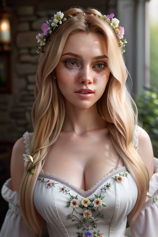  detailed and realistic portrait of a rapunzel maid with a few freckles, long blonde disheveled hairs, multicolor mesmerizing eyes, dark fluffy dress, soft natural lighting, portrait photography, magical photography, dramatic lighting, photo realism, ultra detailed, intimate portrait composition, flowers in background, Leica 50mm, f1. 4 hyperrealistic, full body, detailed clothing, highly detailed, cinematic lighting, stunningly beautiful, intricate, sharp focus, f/1. 8, 85mm, (centered image composition), (professionally color graded), ((bright soft diffused light)), volumetric fog, trending on instagram, trending on tumblr, HDR 4K, 8K