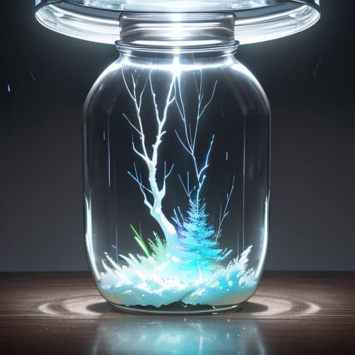  A glass jar with an ethereal forest inside, illuminated by lightning and rain, creating a magical atmosphere. The scene is captured in high resolution, showcasing the surreal beauty of nature within the transparent container. ar 3:4 v6.0 s 750 hyperrealistic, full body, detailed clothing, highly detailed, cinematic lighting, stunningly beautiful, intricate, sharp focus, f/1. 8, 85mm, (centered image composition), (professionally color graded), ((bright soft diffused light)), volumetric fog, trending on instagram, trending on tumblr, HDR 4K, 8K