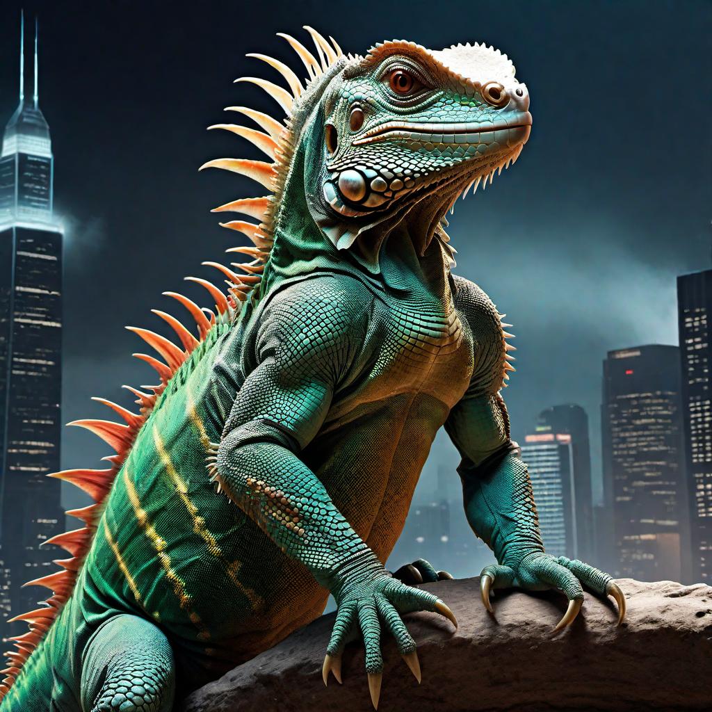  An image of an iguana gradually transforming into Godzilla. The transformation should show stages: starting with a regular iguana, then a larger, more scaled version, continuing to a dinosaur-like creature, and finally becoming the massive Godzilla. The background should be a cityscape with buildings getting increasingly smaller in comparison to the transforming creature. hyperrealistic, full body, detailed clothing, highly detailed, cinematic lighting, stunningly beautiful, intricate, sharp focus, f/1. 8, 85mm, (centered image composition), (professionally color graded), ((bright soft diffused light)), volumetric fog, trending on instagram, trending on tumblr, HDR 4K, 8K