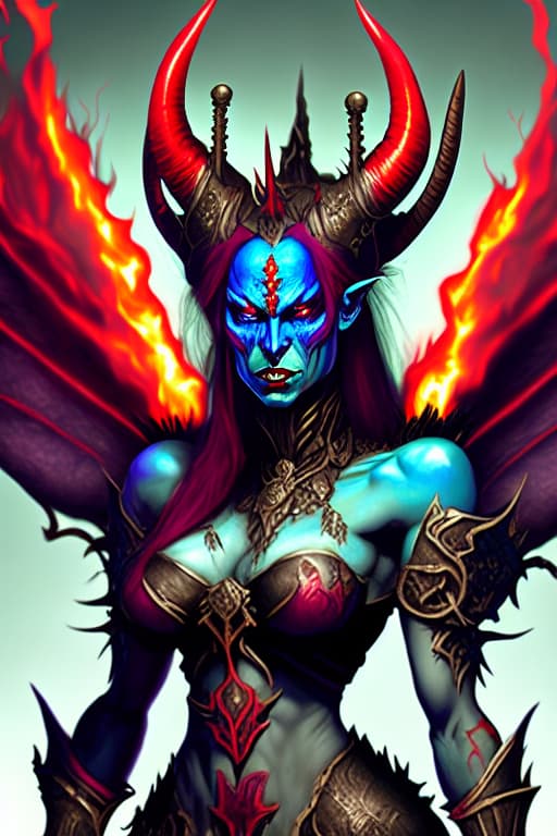  Purpe Green and blue demon queen with red eyes, horns and fairy wings in flames