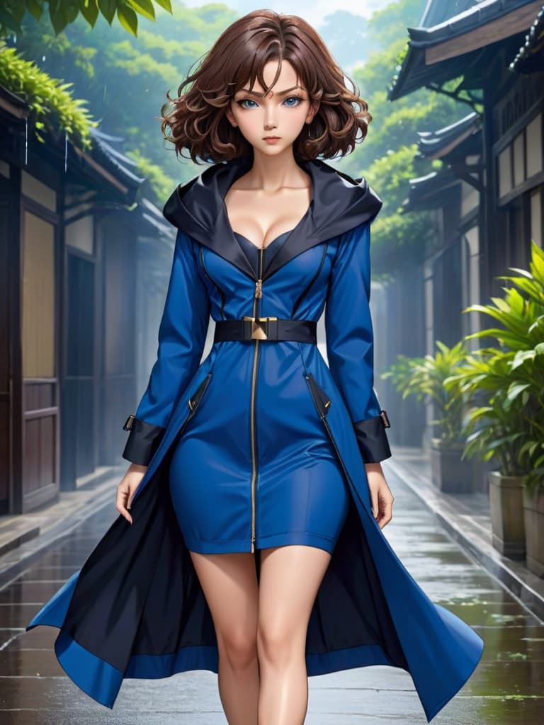  anime artwork, anime style, key visual, vint, studio anime, highly detailed, Roland Mouret Tikal stretch crepe midi blue dress, Woman, hair long , rolling eyes, heart shaped pupils 100 feet tall wearing a long black raincoat and a holding a 