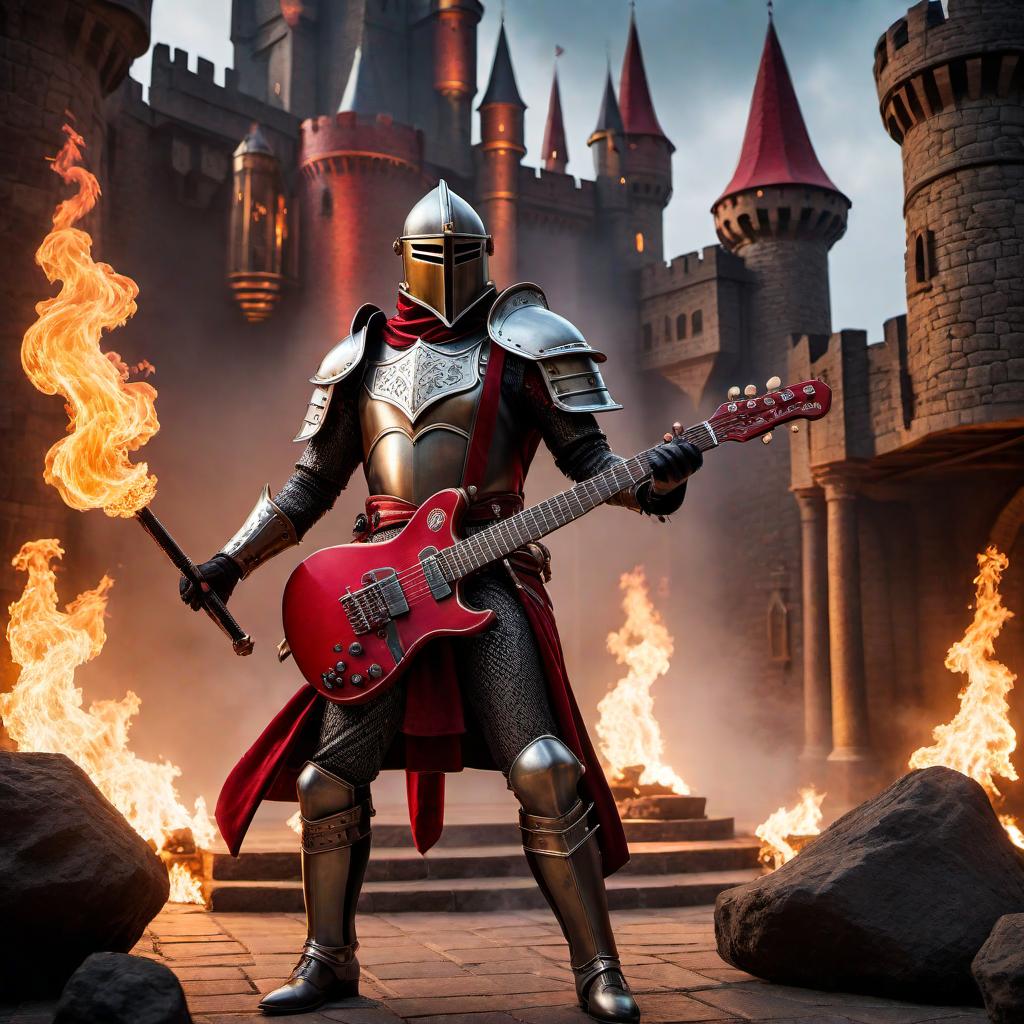  A vibrant design that represents both rock music and role play. The scene features an electric guitar with flames, dramatic stage lighting, and a fantasy castle in the background. Characters in medieval attire (knights, wizards) play instruments and gather around a magical microphone. The color scheme includes bold reds, blacks, and metallics to evoke the energy and drama of rock music mixed with the mystique of role play. hyperrealistic, full body, detailed clothing, highly detailed, cinematic lighting, stunningly beautiful, intricate, sharp focus, f/1. 8, 85mm, (centered image composition), (professionally color graded), ((bright soft diffused light)), volumetric fog, trending on instagram, trending on tumblr, HDR 4K, 8K