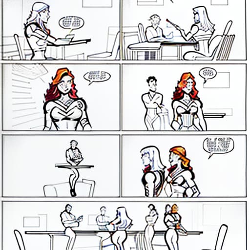  Make the comic colorful. The girl at the table should be red haired, while the one with dark haired girl, leave the text as is., Graphic novel bold lines dynamic poses speech bubbles Frank Miller Alex Ross Jim Lee Fiona Staples Mike Mignola hyperrealistic, full body, detailed clothing, highly detailed, cinematic lighting, stunningly beautiful, intricate, sharp focus, f/1. 8, 85mm, (centered image composition), (professionally color graded), ((bright soft diffused light)), volumetric fog, trending on instagram, trending on tumblr, HDR 4K, 8K