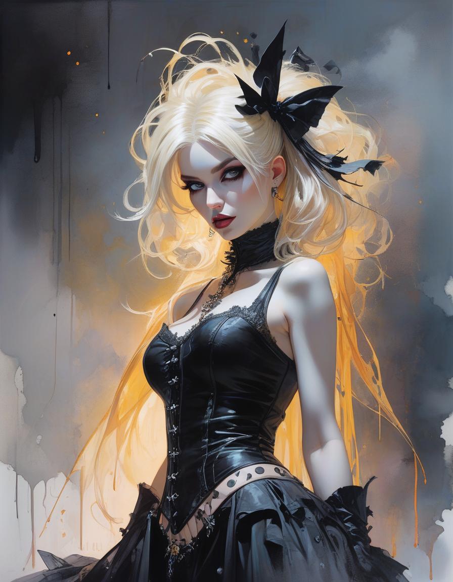  abstract expressionist painting Gothic fashion, a beautiful gothic with white blonde hair, freckles, full body view, pop costume, detailed watercolor and ink, victorian punk, pop goth culture, gothic background, backglow, contrasted lighting, dynamic pose, fashion magazine, art by ashley wood, by thomas blackshear, by natalie shau, by daniel f gerhart . energetic brushwork, bold colors, abstract forms, expressive, emotional hyperrealistic, full body, detailed clothing, highly detailed, cinematic lighting, stunningly beautiful, intricate, sharp focus, f/1. 8, 85mm, (centered image composition), (professionally color graded), ((bright soft diffused light)), volumetric fog, trending on instagram, trending on tumblr, HDR 4K, 8K