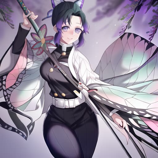  una chica de kimetsu no yaiba con el uniforme de caza demonios de pilar con el pelo marrón y largo y con flequillo morado con un haori de lunas y ojos morados claros y un adorno en el pelo de luna y de fondo donde se encuentran los pilares en las reuniones de cuerpo completo hyperrealistic, full body, detailed clothing, highly detailed, cinematic lighting, stunningly beautiful, intricate, sharp focus, f/1. 8, 85mm, (centered image composition), (professionally color graded), ((bright soft diffused light)), volumetric fog, trending on instagram, trending on tumblr, HDR 4K, 8K