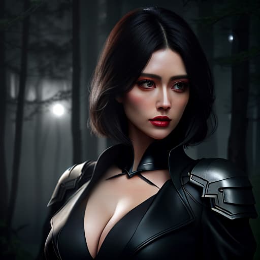  1 , solo, in a black coat, hair, shoulder length haircut, against the background of a night forest, a scar on her left eye hyperrealistic, full body, detailed clothing, highly detailed, cinematic lighting, stunningly beautiful, intricate, sharp focus, f/1. 8, 85mm, (centered image composition), (professionally color graded), ((bright soft diffused light)), volumetric fog, trending on instagram, trending on tumblr, HDR 4K, 8K