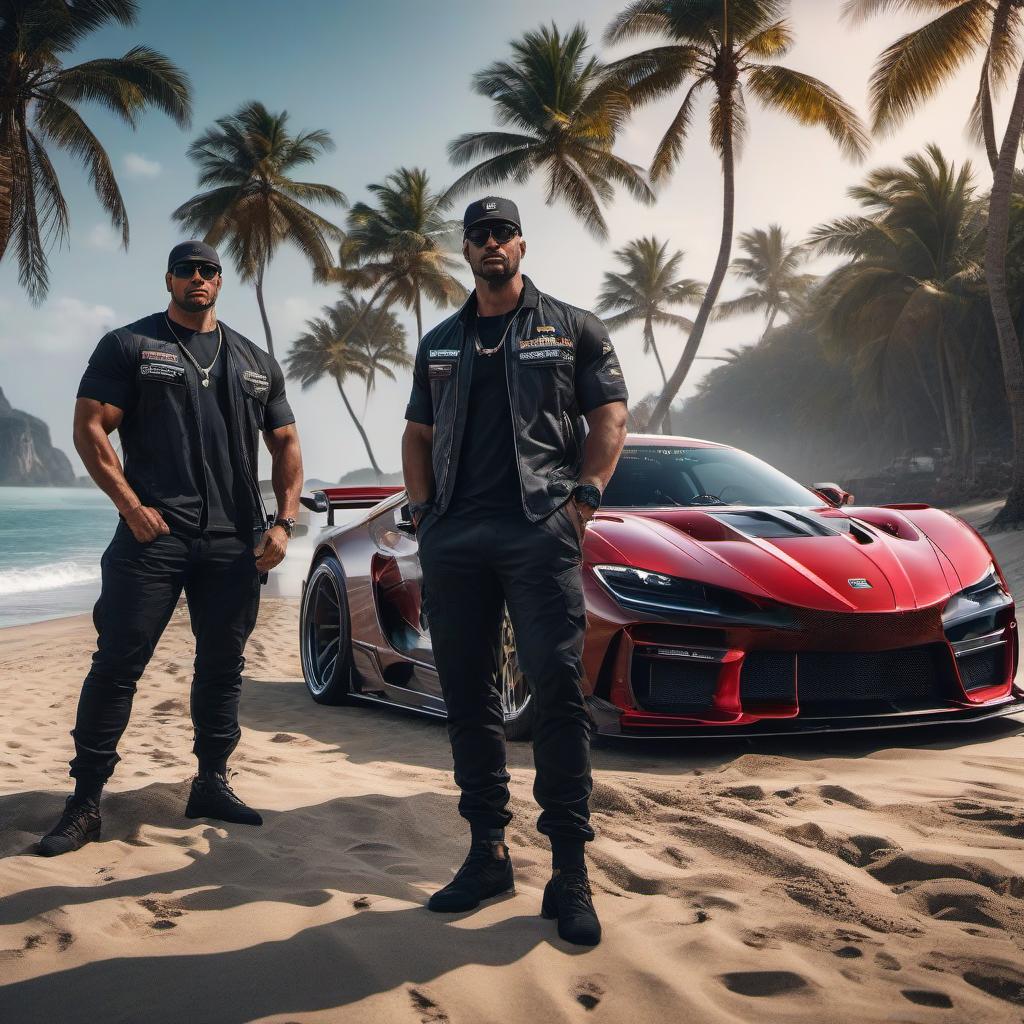  A in a cap and gles next to a street racing car on the beach. hyperrealistic, full body, detailed clothing, highly detailed, cinematic lighting, stunningly beautiful, intricate, sharp focus, f/1. 8, 85mm, (centered image composition), (professionally color graded), ((bright soft diffused light)), volumetric fog, trending on instagram, trending on tumblr, HDR 4K, 8K