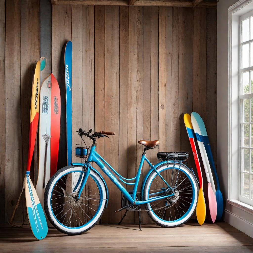  A full-length nautical-themed photograph featuring a rustic wooden wall with multiple colorful paddles leaning against it, extending to the ground. Next to the paddles, there is a bright blue women's cruiser bicycle with white rim tires leaning against the wall. The image should maintain a rustic, natural style, blending seamlessly with the nautical decor. hyperrealistic, full body, detailed clothing, highly detailed, cinematic lighting, stunningly beautiful, intricate, sharp focus, f/1. 8, 85mm, (centered image composition), (professionally color graded), ((bright soft diffused light)), volumetric fog, trending on instagram, trending on tumblr, HDR 4K, 8K