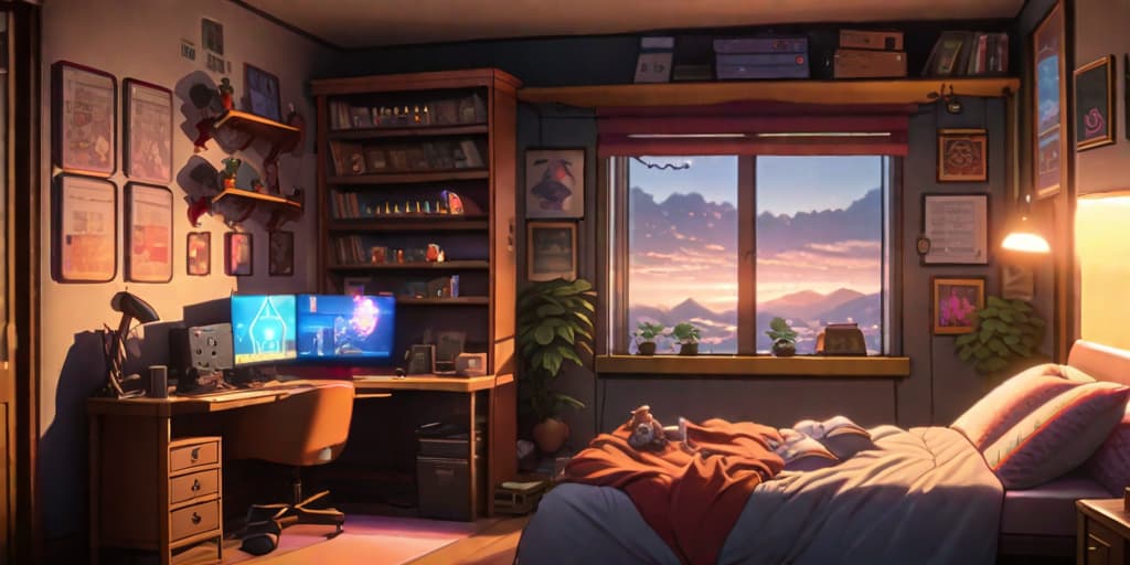  anime art, your name style, cozy bedroom, soft lighting, open door, gaming setup with multiple monitors, shelves with games and figurines, posters on the wall, a stylish chair at the desk, and a bedside table with a lamp.