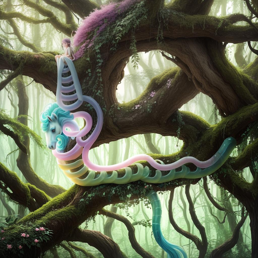  A fantastical forest scene featuring a slender, pastel hued unicorn worm with a spiraled horn protruding from its head, curled around a tree trunk in a lush, verdant setting filled with vibrant flora and fauna. The scene should have a dreamlike, whimsical quality with soft, diffused lighting and a muted color palette., best quality, masterpiece