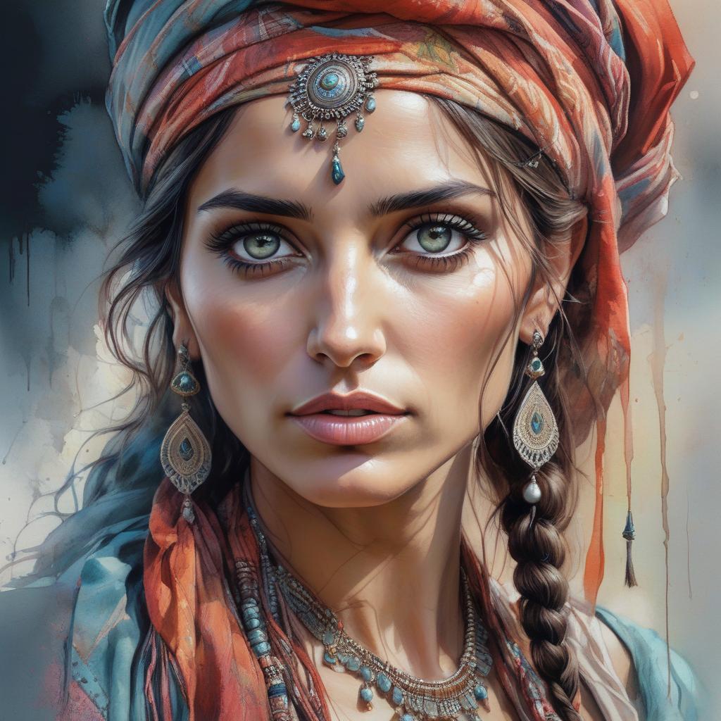  hyperrealistic art Portrait, watercolor of a beautiful gypsy, digital art, fantasy, detailed and fine facial features, wrinkles, eyes with a charming look, typical costume of a young gypsy, very expressive and detailed eyes, behind her there is a small gypsy camp of which It is one part, post impressionist colorism, soft and velvety texture, by wadim kashin and Carne Griffiths . extremely high resolution details, photographic, realism pushed to extreme, fine texture, incredibly lifelike hyperrealistic, full body, detailed clothing, highly detailed, cinematic lighting, stunningly beautiful, intricate, sharp focus, f/1. 8, 85mm, (centered image composition), (professionally color graded), ((bright soft diffused light)), volumetric fog, trending on instagram, trending on tumblr, HDR 4K, 8K