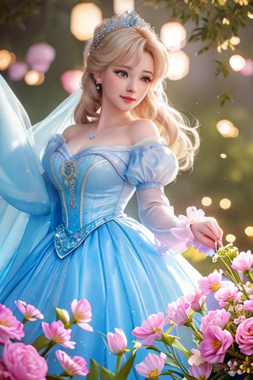  A highly detailed and realistic photo in the style of Disney, featuring a character resembling baby Cinderella. The image shows young Cinderella wearing a sparkling pink dress, surrounded by glowing flower.She is standing.The scene is illuminated with soft, mystical light, creating an enchanting and whimsical atmosphere. Cinderella's expression is filled with wonder and joy as she interacts with the flower. The background is softly blurred to keep the focus on Cinderella and the flower hyperrealistic, full body, detailed clothing, highly detailed, cinematic lighting, stunningly beautiful, intricate, sharp focus, f/1. 8, 85mm, (centered image composition), (professionally color graded), ((bright soft diffused light)), volumetric fog, trending on instagram, trending on tumblr, HDR 4K, 8K