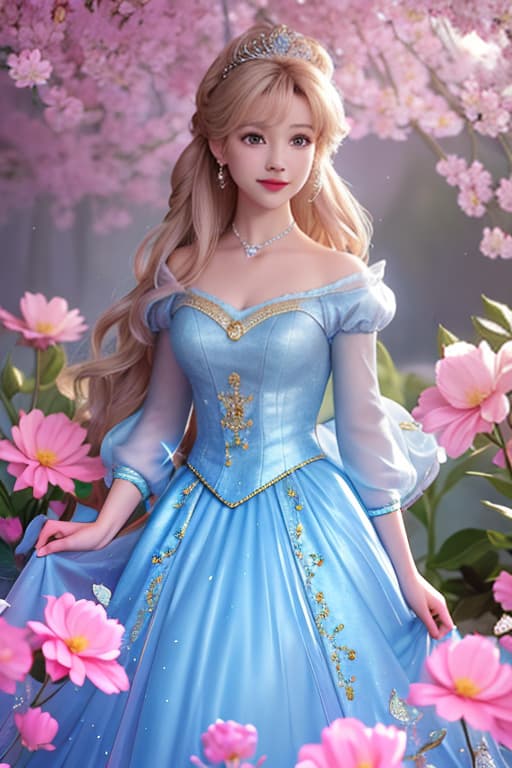  A highly detailed and realistic photo in the style of Disney, featuring a character resembling baby Cinderella. The image shows young Cinderella wearing a sparkling pink dress, surrounded by glowing flower.She is standing.The scene is illuminated with soft, mystical light, creating an enchanting and whimsical atmosphere. Cinderella's expression is filled with wonder and joy as she interacts with the flower. The background is softly blurred to keep the focus on Cinderella and the flower hyperrealistic, full body, detailed clothing, highly detailed, cinematic lighting, stunningly beautiful, intricate, sharp focus, f/1. 8, 85mm, (centered image composition), (professionally color graded), ((bright soft diffused light)), volumetric fog, trending on instagram, trending on tumblr, HDR 4K, 8K