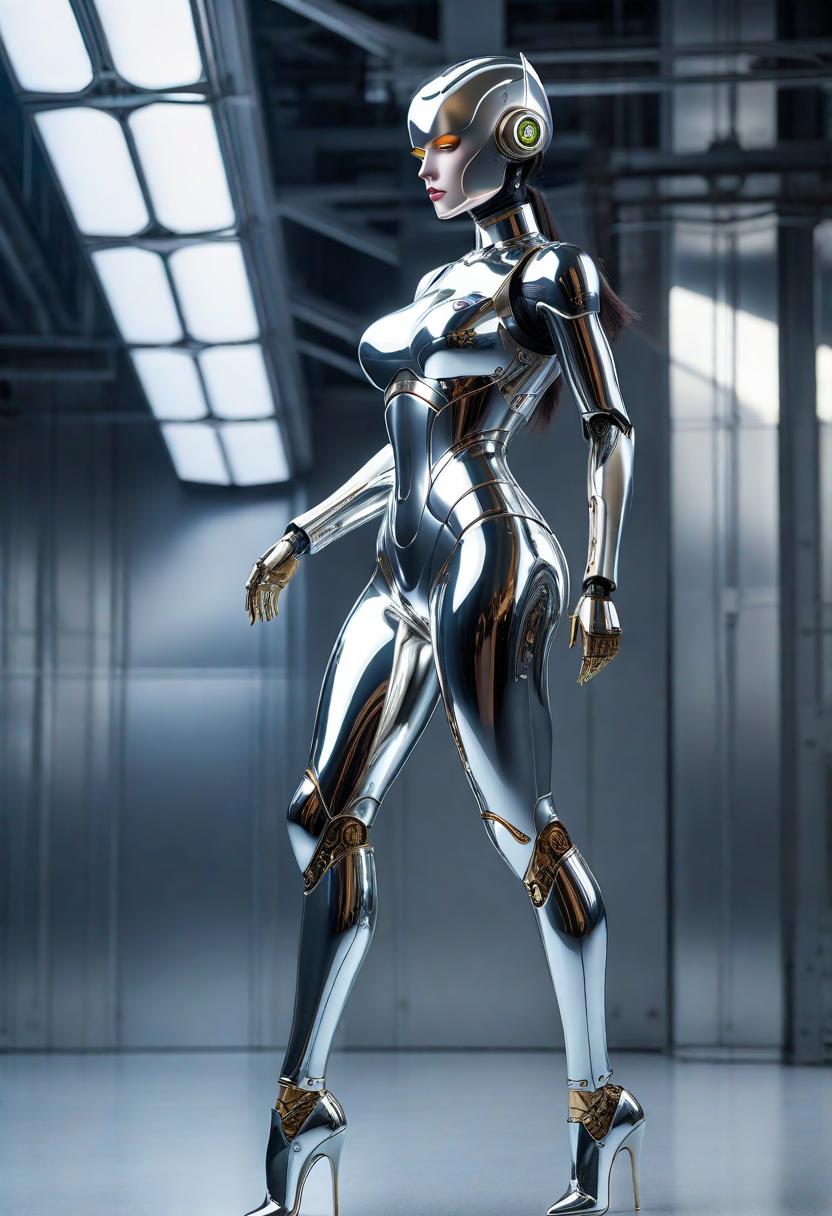  Thin female robot with a cool face, bent over, arched her lower back, in the style of hajime sorayama, john trumbull, thin sleek steel forms, undefined anatomy, chrome plated, ed emshwiller, hyperrealistic, full body, detailed clothing, highly detailed, cinematic lighting, stunningly beautiful, intricate, sharp focus, f/1. 8, 85mm, (centered image composition), (professionally color graded), ((bright soft diffused light)), volumetric fog, trending on instagram, trending on tumblr, HDR 4K, 8K