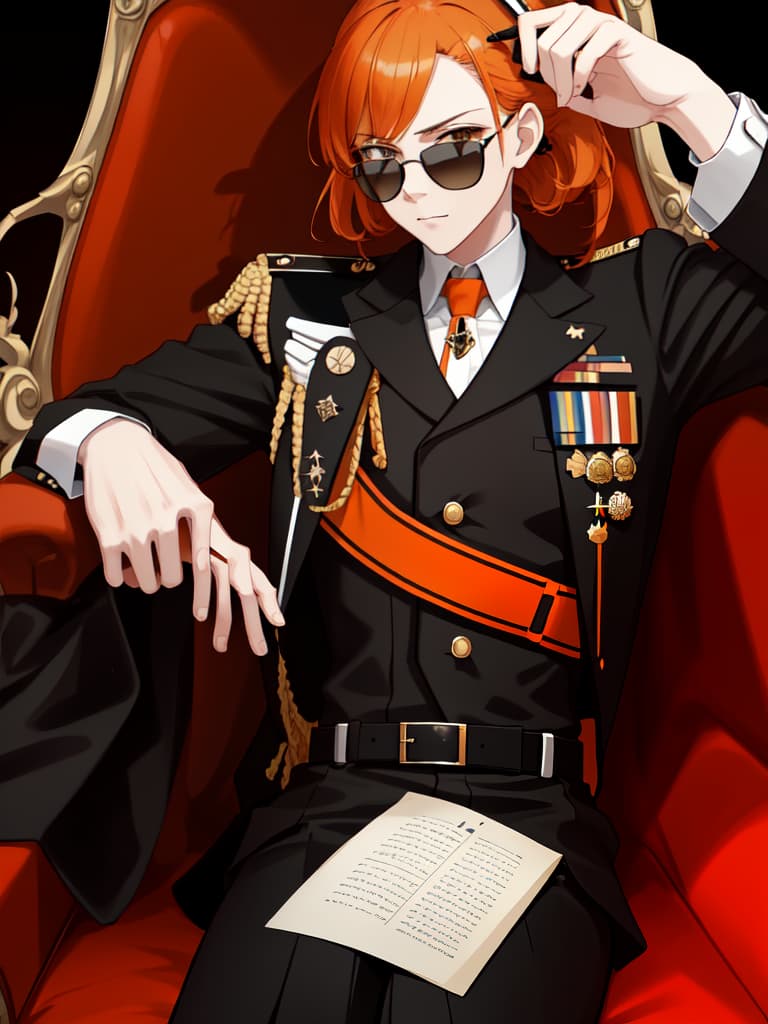  Orange, black, white, military uniform, sunglasses, cigars, masterpiece, best quality,8k,ultra detailed,high resolution,an extremely delicate and beautiful,hyper detail