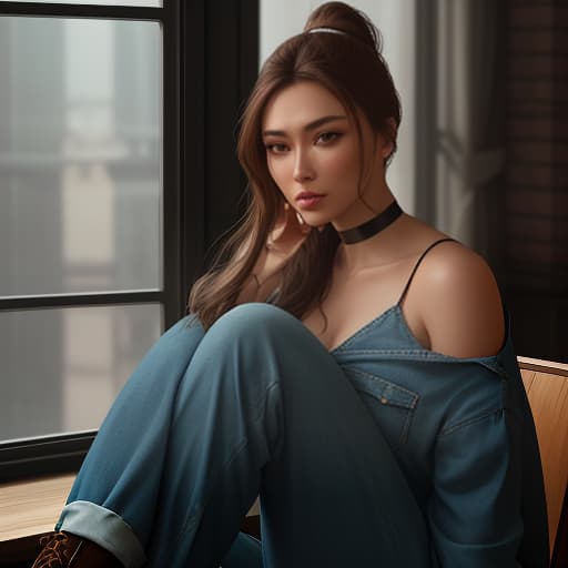  a very beautiful girl of Asian European origin is sitting in a cafe by the window, light brown hair pulled back in a ponytail, dressed in a work denim jumpsuit, choker around her neck, cinematographic shot, dynamic lighting, 75 mm, Technicolor, Panavision, cinemascope, clear focus, fine details, 8k, HDR, realism, realistic, key image, still film, excellent cinematic color reproduction, depth of field, natural beauty hyperrealistic, full body, detailed clothing, highly detailed, cinematic lighting, stunningly beautiful, intricate, sharp focus, f/1. 8, 85mm, (centered image composition), (professionally color graded), ((bright soft diffused light)), volumetric fog, trending on instagram, trending on tumblr, HDR 4K, 8K