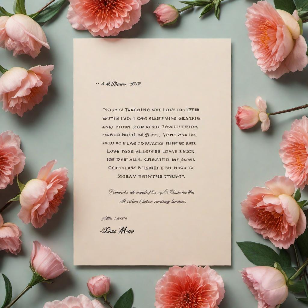  A heartfelt love letter presented beautifully on a piece of elegant stationery. The letter is addressed to 'Dear Mom' and expresses deep appreciation, love, and gratitude for everything she has done. The setting includes a warm and inviting background with elements like flowers, a pen, and perhaps a photograph to signify the personal touch. The letter mentions words of wisdom, staying up during sick nights, and teaching love, strength, and resilience. It ends with 'With all my love' followed by '[Your Name]'. hyperrealistic, full body, detailed clothing, highly detailed, cinematic lighting, stunningly beautiful, intricate, sharp focus, f/1. 8, 85mm, (centered image composition), (professionally color graded), ((bright soft diffused light)), volumetric fog, trending on instagram, trending on tumblr, HDR 4K, 8K