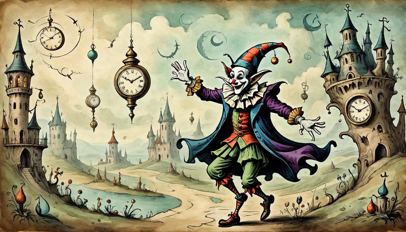  on parchment, surrealism+++, A seemingly harmless jester figure surrounded by floating clock faces, background of a whimsical, distorted landscape, deception, distraction, time stealing(mysterious, provocative, symbolic,muted color)+++