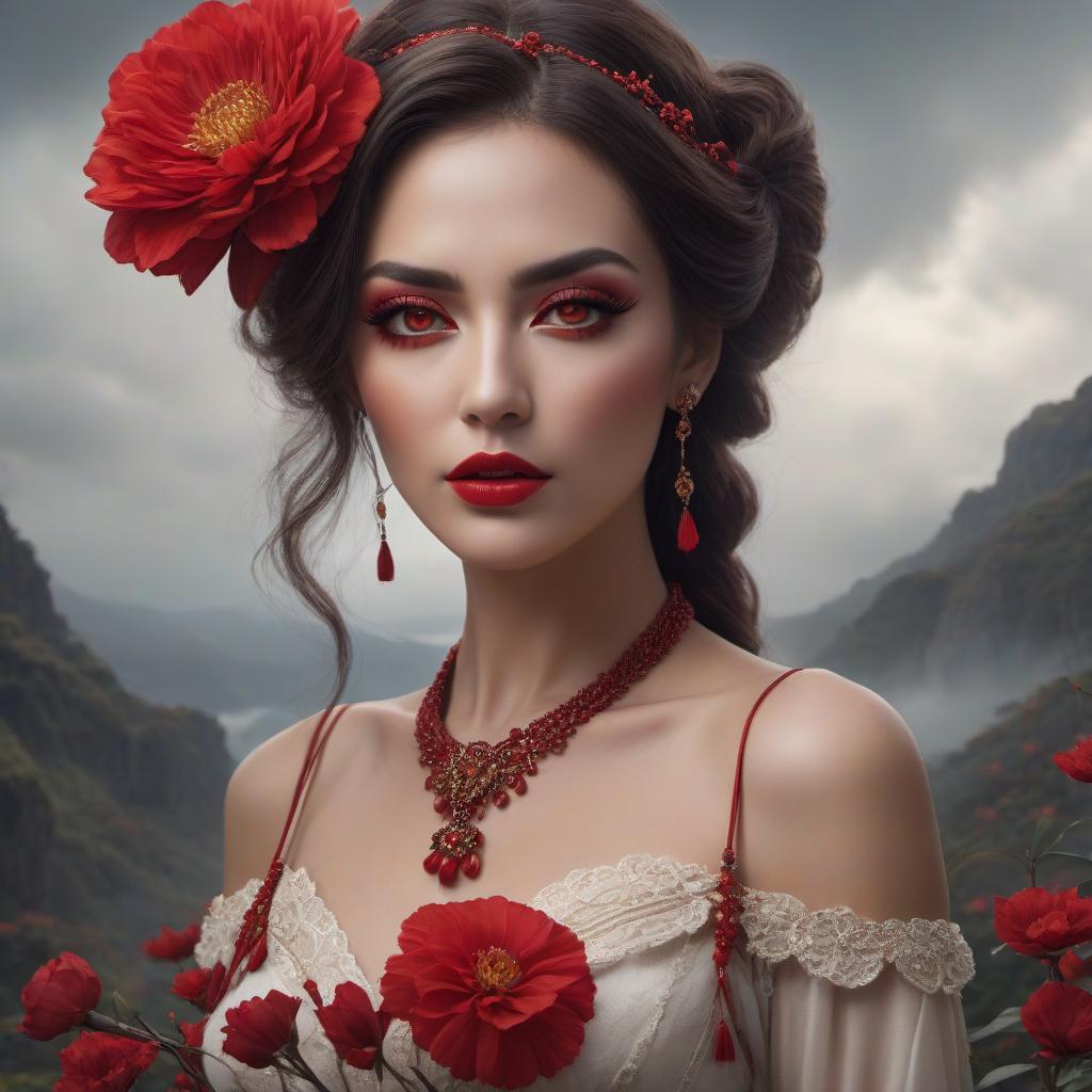  concept art An illustration of a woman with striking red eyes, adorned with traditional hairpins and a flower, set against a cloudy backdrop and a red circle. . digital artwork, illustrative, painterly, matte painting, highly detailed hyperrealistic, full body, detailed clothing, highly detailed, cinematic lighting, stunningly beautiful, intricate, sharp focus, f/1. 8, 85mm, (centered image composition), (professionally color graded), ((bright soft diffused light)), volumetric fog, trending on instagram, trending on tumblr, HDR 4K, 8K