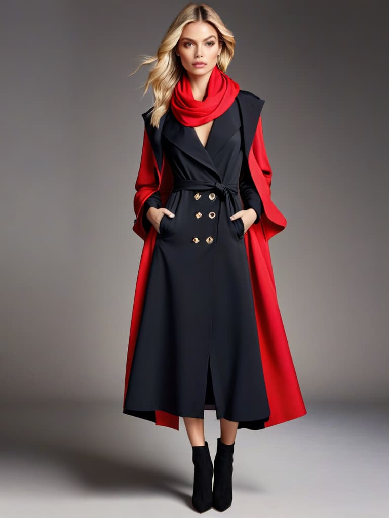  Roland Mouret Tikal stretch crepe midi dress, Woman, blonde hair long , rolling eyes, heart shaped pupils 100 feet tall wearing a long black raincoat with a red silk scarf