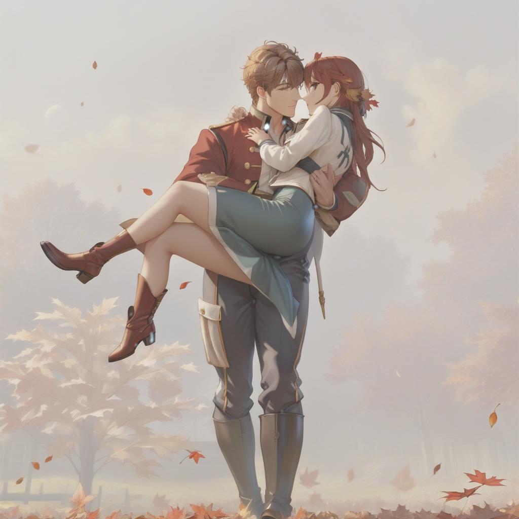  breathtaking A guy, with a girl on his hands, both characters are in the academy uniform, brown waistcoat, many buttons, high boots, pants, underneath the uniform a white football shirt with long sleeves, sunset in the background, red maple leaves, warm autumn, a fantasy world. . award winning, professional, highly detailed hyperrealistic, full body, detailed clothing, highly detailed, cinematic lighting, stunningly beautiful, intricate, sharp focus, f/1. 8, 85mm, (centered image composition), (professionally color graded), ((bright soft diffused light)), volumetric fog, trending on instagram, trending on tumblr, HDR 4K, 8K