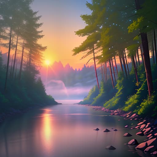  A drawn shore of a river, a forest, the sky, the sun, a view from one bank to another, much green., animal, illustration, flat, vector, detailed. hyperrealistic, full body, detailed clothing, highly detailed, cinematic lighting, stunningly beautiful, intricate, sharp focus, f/1. 8, 85mm, (centered image composition), (professionally color graded), ((bright soft diffused light)), volumetric fog, trending on instagram, trending on tumblr, HDR 4K, 8K