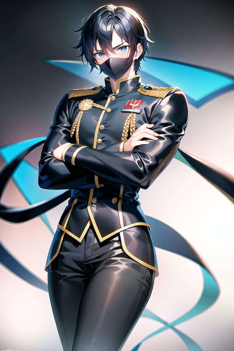  master piece , best quality,A young male student with blue eyes and black hair in a neat combat uniform with his arms crossed.