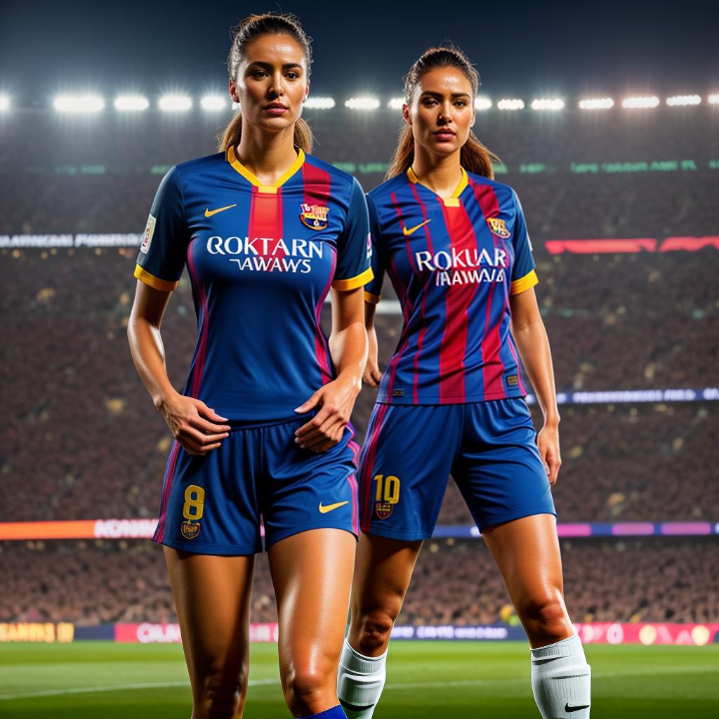  A famous female football player, wears a soccer jersey as he stands in the Camp Nou stadium. hyperrealistic, full body, detailed clothing, highly detailed, cinematic lighting, stunningly beautiful, intricate, sharp focus, f/1. 8, 85mm, (centered image composition), (professionally color graded), ((bright soft diffused light)), volumetric fog, trending on instagram, trending on tumblr, HDR 4K, 8K