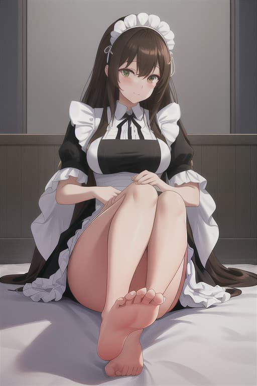  (score 9,score 8 up,score 7 up,),1girl,solo,maid,maid headdress,looking at viewer,apron,brown hair,indoors,black hair,bare foot,feet focus,two feet,animation hyperrealistic, full body, detailed clothing, highly detailed, cinematic lighting, stunningly beautiful, intricate, sharp focus, f/1. 8, 85mm, (centered image composition), (professionally color graded), ((bright soft diffused light)), volumetric fog, trending on instagram, trending on tumblr, HDR 4K, 8K