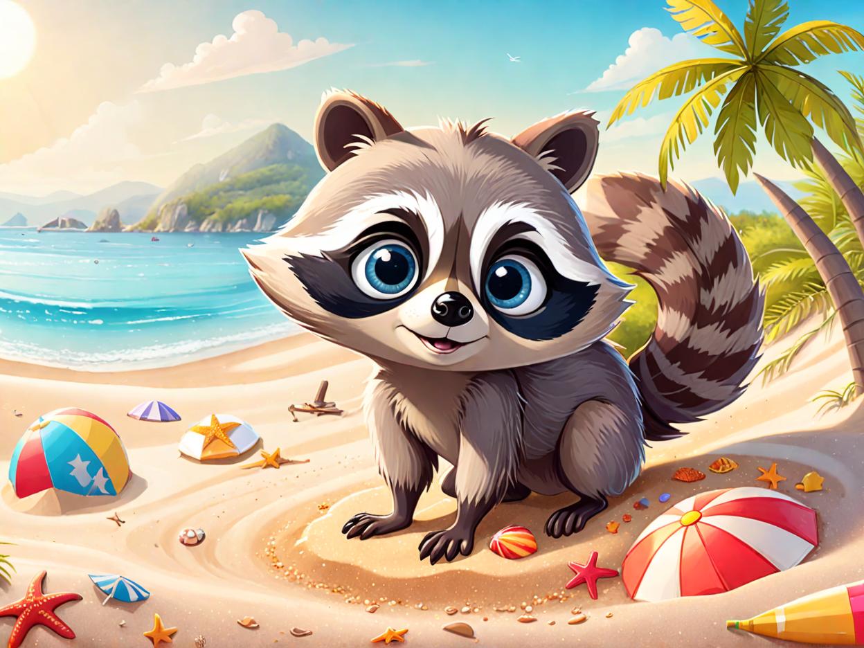  Beach summer panoramic background with big eye cute Racoon on the sand