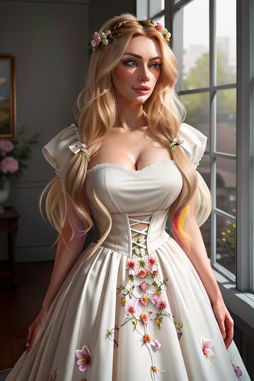  detailed and realistic portrait of a rapunzel maid with a few freckles, long blonde disheveled hairs, multicolor mesmerizing eyes, dark fluffy dress, soft natural lighting, portrait photography, magical photography, dramatic lighting, photo realism, ultra detailed, intimate portrait composition, flowers in background, Leica 50mm, f1. 4 hyperrealistic, full body, detailed clothing, highly detailed, cinematic lighting, stunningly beautiful, intricate, sharp focus, f/1. 8, 85mm, (centered image composition), (professionally color graded), ((bright soft diffused light)), volumetric fog, trending on instagram, trending on tumblr, HDR 4K, 8K