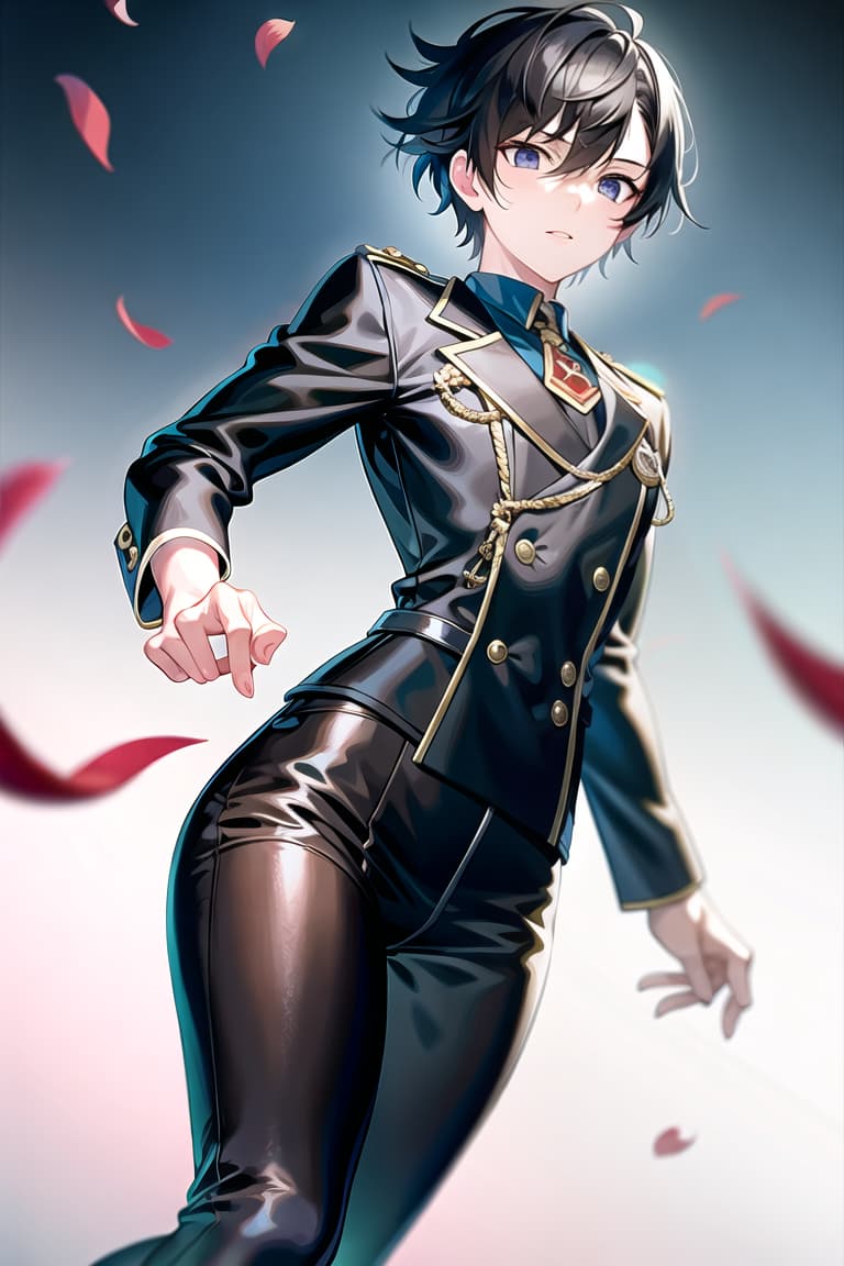  master piece , best quality,Young male student with short black hair in neat combat uniform