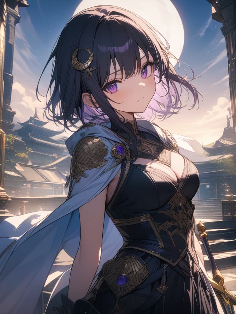  Holy sword,golden sword,temple,glare,sword raised,golden light,Excalibur,cool girl,Black hair,(purple eyes),short,cropped hair,crescent moon hair ornament, masterpiece, best quality,8k,ultra detailed,high resolution,an extremely delicate and beautiful,hyper detail