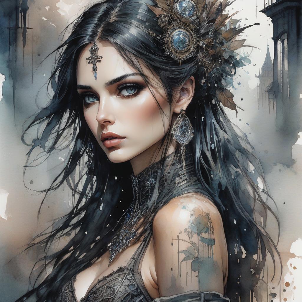  gothic style by Albert Robida and Alice Pasquini and Luis Royo, watercolour masterpiece, Digital watercolor Illustration Waterhouse, Carne Griffiths, Minjae Lee, Ana Paula Hoppe, Stylized watercolor art, Intricate, Complex contrast, soft Cinematic Volumetric lighting, seasonal colors, perfect wide long shot visual masterpiece . dark, mysterious, haunting, dramatic, ornate, detailed hyperrealistic, full body, detailed clothing, highly detailed, cinematic lighting, stunningly beautiful, intricate, sharp focus, f/1. 8, 85mm, (centered image composition), (professionally color graded), ((bright soft diffused light)), volumetric fog, trending on instagram, trending on tumblr, HDR 4K, 8K