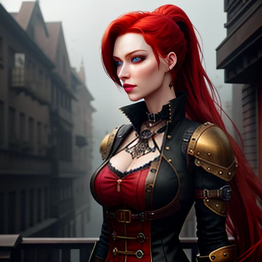  Boy, red hair in a ponytail, red eyes, fair skin, steampunk Comment: The prompt seems to describe a person with red hair, red eyes, pale skin, and a steampunk aesthetic. The English translation maintains the same details. hyperrealistic, full body, detailed clothing, highly detailed, cinematic lighting, stunningly beautiful, intricate, sharp focus, f/1. 8, 85mm, (centered image composition), (professionally color graded), ((bright soft diffused light)), volumetric fog, trending on instagram, trending on tumblr, HDR 4K, 8K