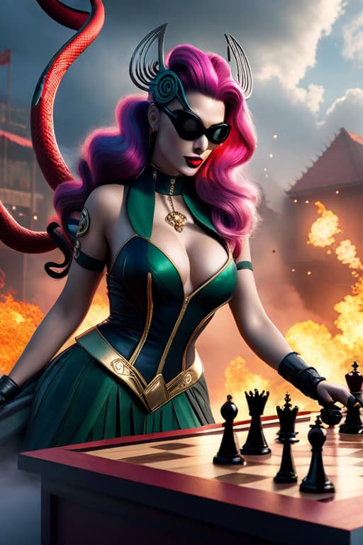  Greek goddess Medusa with her hair full of snakes, playing chess with Harley Quinn wearing sunglasses on in the clouds. with fire balls all around. hyperrealistic, full body, detailed clothing, highly detailed, cinematic lighting, stunningly beautiful, intricate, sharp focus, f/1. 8, 85mm, (centered image composition), (professionally color graded), ((bright soft diffused light)), volumetric fog, trending on instagram, trending on tumblr, HDR 4K, 8K