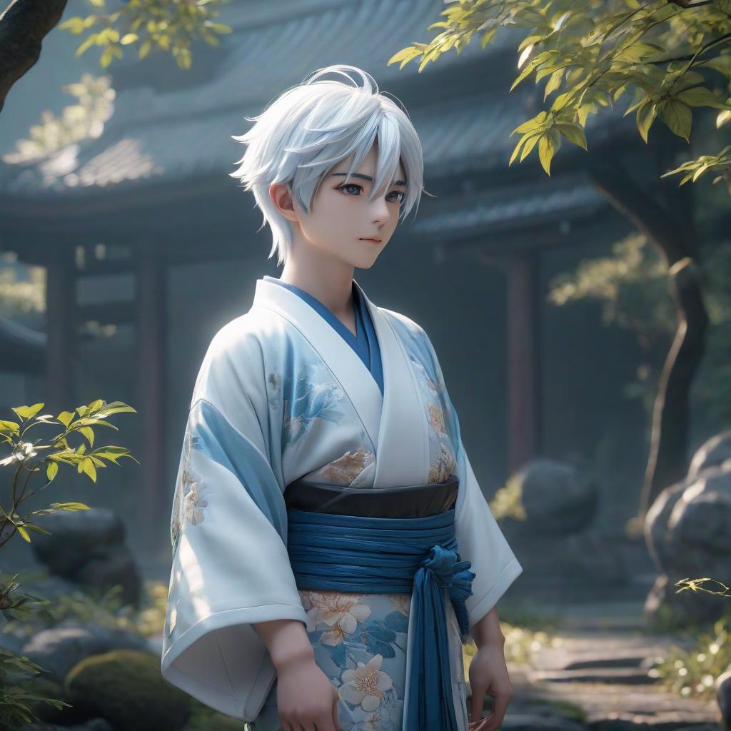  professional 3d model A boy with blue skin and white hair is wearing a kimono. . octane render, highly detailed, volumetric, dramatic lighting hyperrealistic, full body, detailed clothing, highly detailed, cinematic lighting, stunningly beautiful, intricate, sharp focus, f/1. 8, 85mm, (centered image composition), (professionally color graded), ((bright soft diffused light)), volumetric fog, trending on instagram, trending on tumblr, HDR 4K, 8K